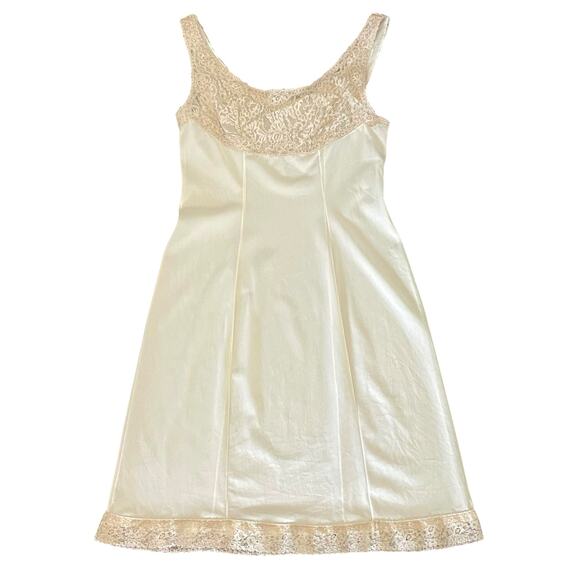 VINTAGE Satin & Lace Slip Dress Beige Size XS Lingerie Lace Bust Lace Trim - Picture 1 of 6